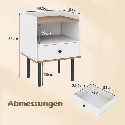 White Nightstand with Drawer & Open Shelf, Metal Legs