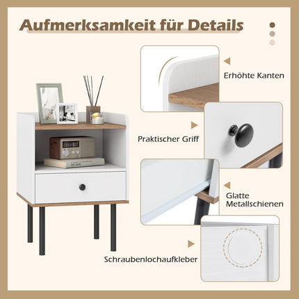 White Nightstand with Drawer & Open Shelf, Metal Legs