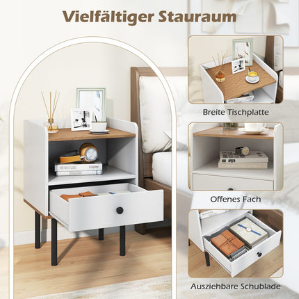 White Nightstand with Drawer & Open Shelf, Metal Legs