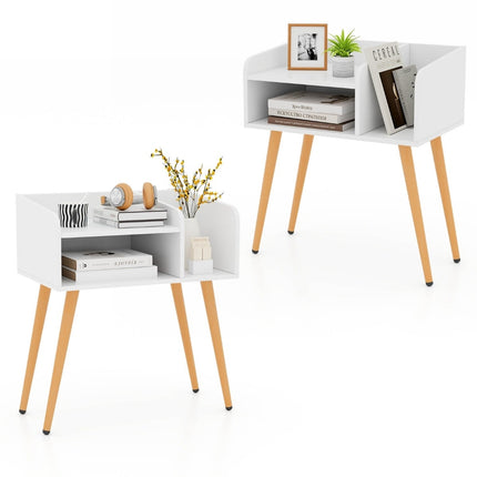 White Nightstand with Open Shelf, Metal Legs, Set of 2