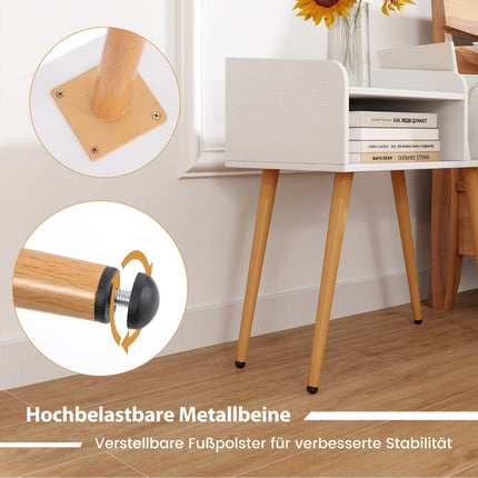 White Nightstand with Open Shelf, Metal Legs, Set of 2