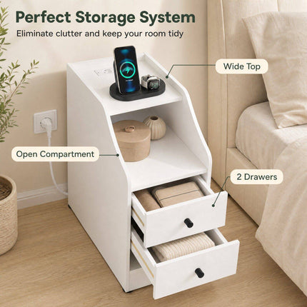 White Nightstand with USB, Type-C Ports & Drawers