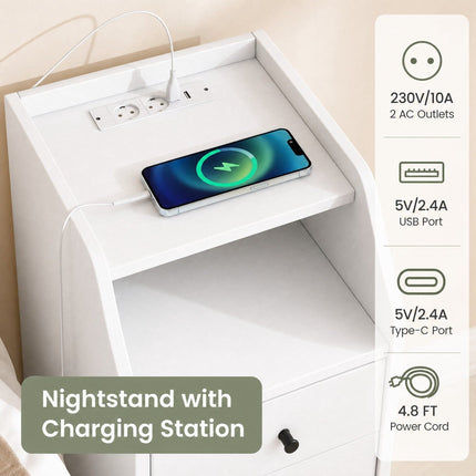 White Nightstand with USB, Type-C Ports & Drawers