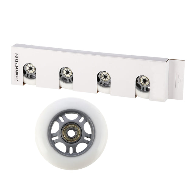 White PU Skateboard Wheels 72x24 82A, ABEC-7 Bearings Set