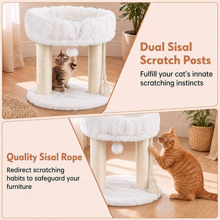 White Plush Cat Tree with Sisal Posts, 40 x 40 x 50.5 cm