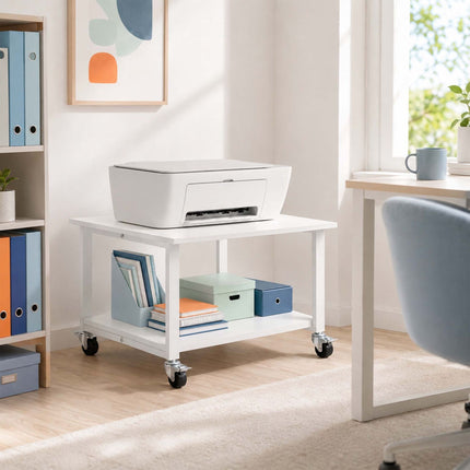 White Printer Stand with Castors – 2-Tier, 50x50 cm