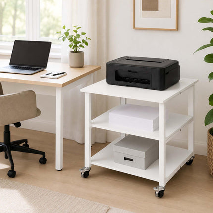 White Printer Stand with Castors – 3-Tier, Under-Desk