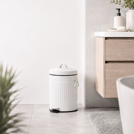 White Retro Bathroom Pedal Bin, 5 Litre Capacity