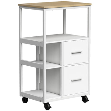 White Rolling Kitchen Cart with 2 Drawers and Open Shelf