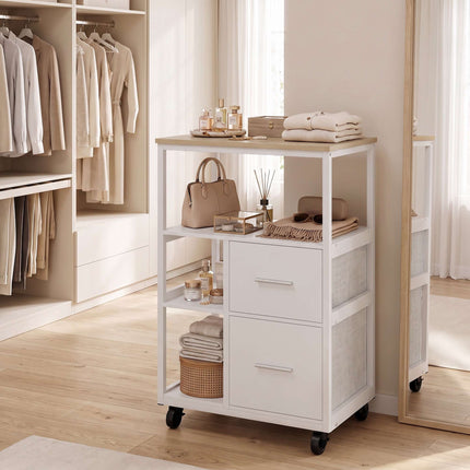 White Rolling Kitchen Cart with 2 Drawers and Open Shelf