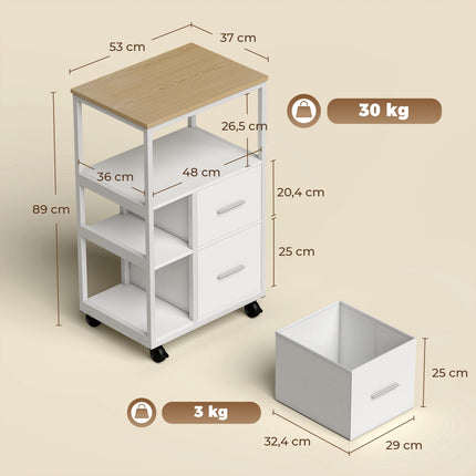 White Rolling Kitchen Cart with 2 Drawers and Open Shelf