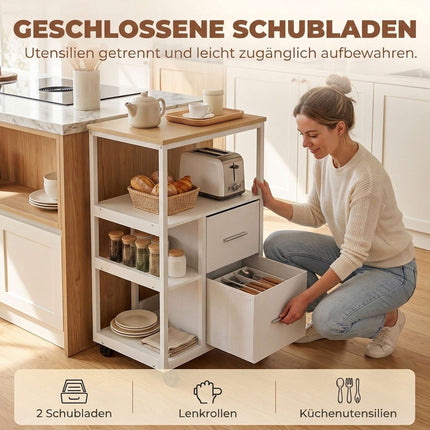 White Rolling Kitchen Cart with 2 Drawers and Open Shelf