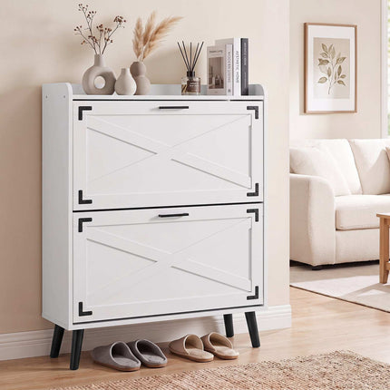 White Shoe Cabinet, 2 Drop-Down Drawers, 80x24x103 cm