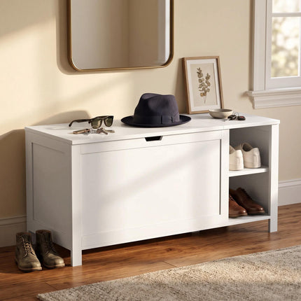 White Shoe Storage Bench with Adjustable Shelf and Seat