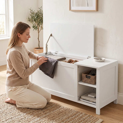 White Shoe Storage Bench with Adjustable Shelf and Seat