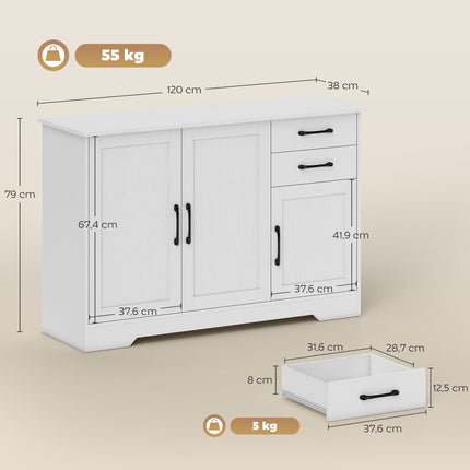 White Sideboard with 2 Drawers and Adjustable Shelf