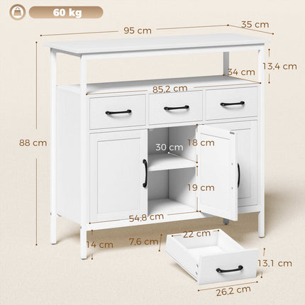 White Sideboard with Adjustable Shelves and 3 Drawers