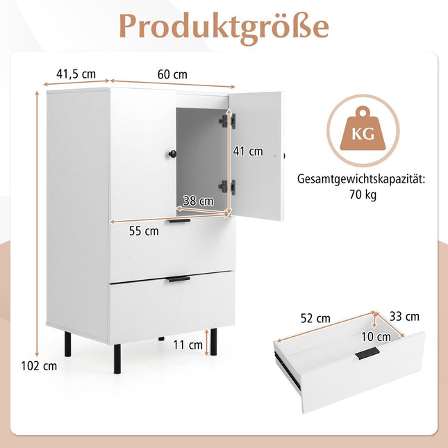 White Sideboard with Metal Legs, Drawers & Doors, 60x41.5x102 cm