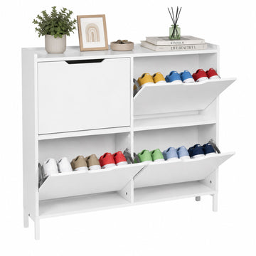 White Slim Shoe Cabinet with 4 Compartments, Space-Saving