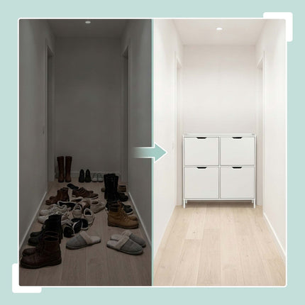 White Slim Shoe Cabinet with 4 Compartments, Space-Saving