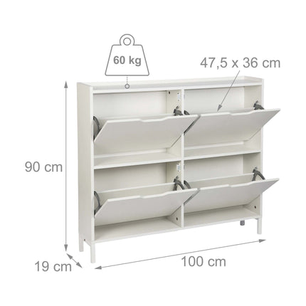 White Slim Shoe Cabinet with 4 Compartments, Space-Saving