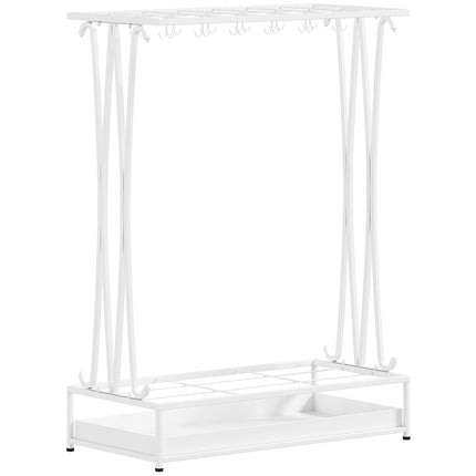 White Steel Umbrella Stand with Drip Tray and 24 Hooks