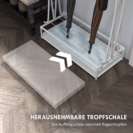 White Steel Umbrella Stand with Drip Tray and 24 Hooks