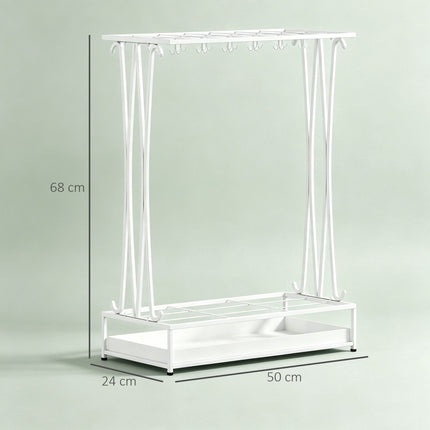 White Steel Umbrella Stand with Drip Tray and 24 Hooks