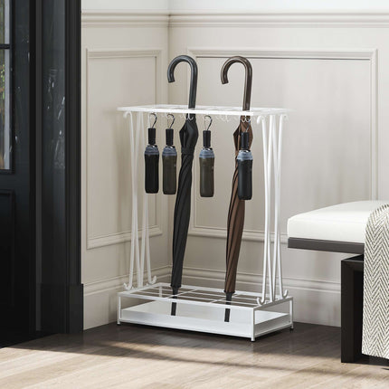 White Steel Umbrella Stand with Drip Tray and 24 Hooks