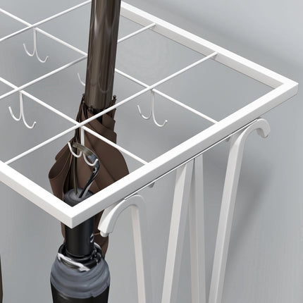 White Steel Umbrella Stand with Drip Tray and 24 Hooks