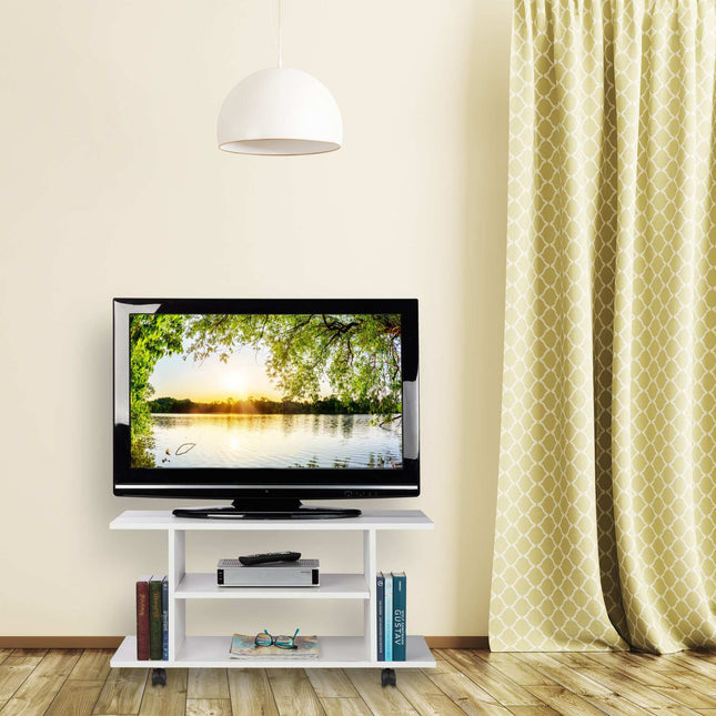 White TV cabinet on wheels