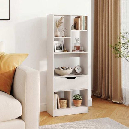 White Tall Bookshelf with Drawer and 7 Open Cubes