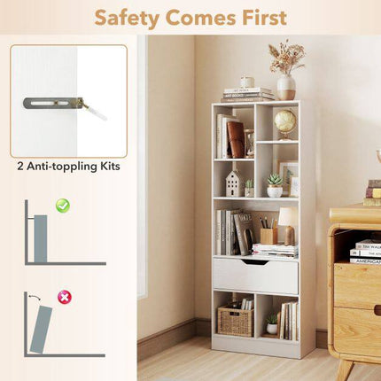 White Tall Bookshelf with Drawer and 7 Open Cubes