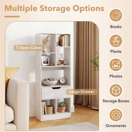 White Tall Bookshelf with Drawer and 7 Open Cubes