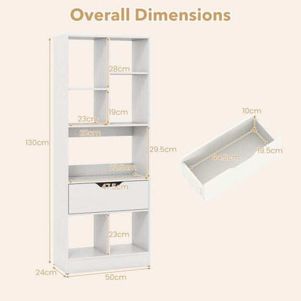 White Tall Bookshelf with Drawer and 7 Open Cubes
