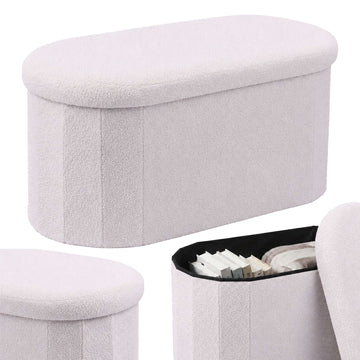 White Teddy Fabric Storage Bench – Upholstered Oval Seat