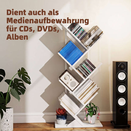 White Tree-Shaped Bookshelf, 7-Tier Narrow Design