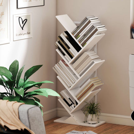 White Tree-Shaped Bookshelf, 7-Tier Narrow Design