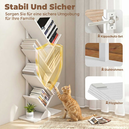 White Tree-Shaped Bookshelf, 7-Tier Narrow Design