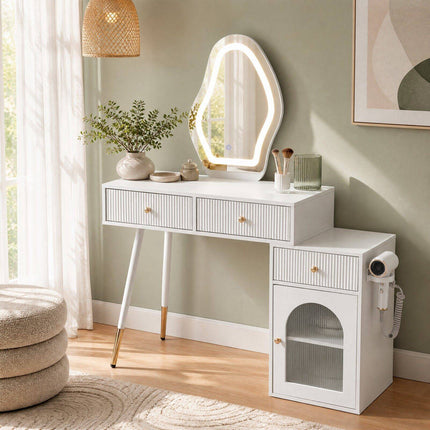 White Vanity Table with Mirror, Lighting, 3 Drawers