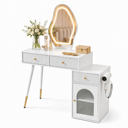 White Vanity Table with Mirror, Lighting, 3 Drawers