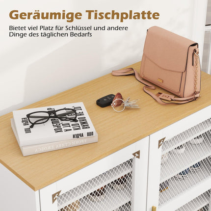 White Wooden Shoe Cabinet with Adjustable Shelves & Mesh Doors