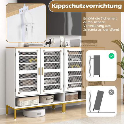 White Wooden Shoe Cabinet with Adjustable Shelves & Mesh Doors