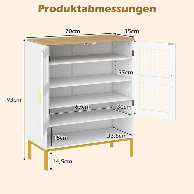 Witte houten schoenenkast met verstelbare planken en deuren van gaas.