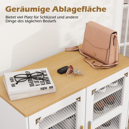 White Wooden Shoe Cabinet with Adjustable Shelves and Mesh Doors