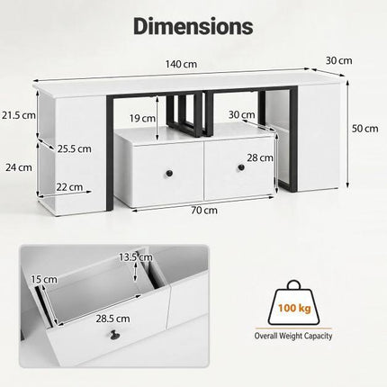 White Wooden TV Cabinet with Drawers and Open Compartments