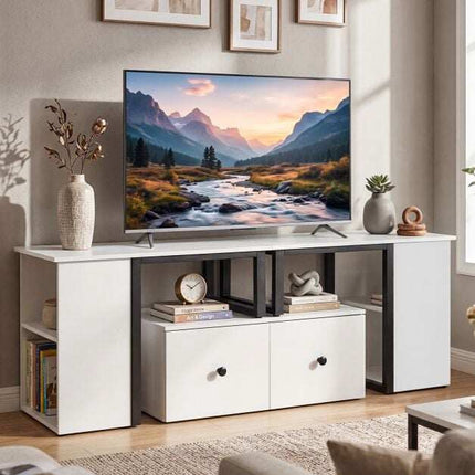 White Wooden TV Cabinet with Drawers and Open Compartments