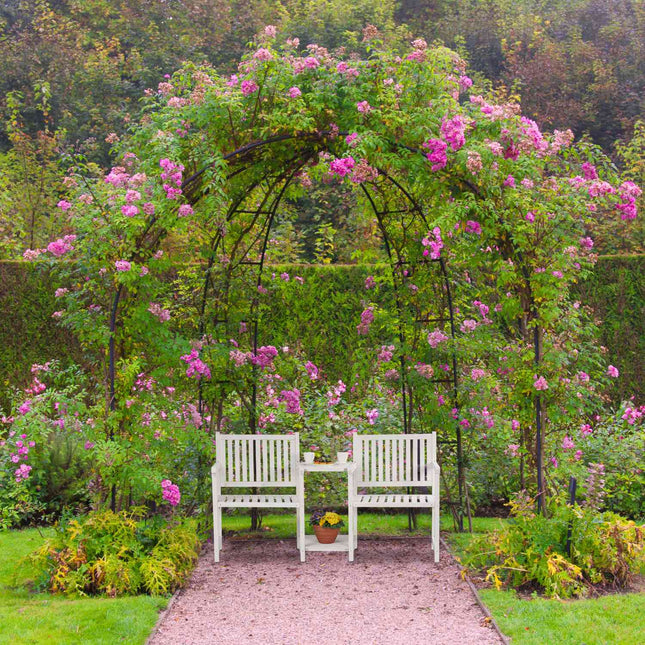 White garden bench with table