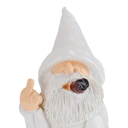 White garden gnome with middle finger