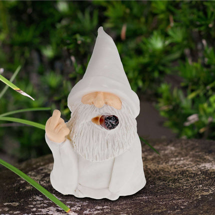 White garden gnome with middle finger